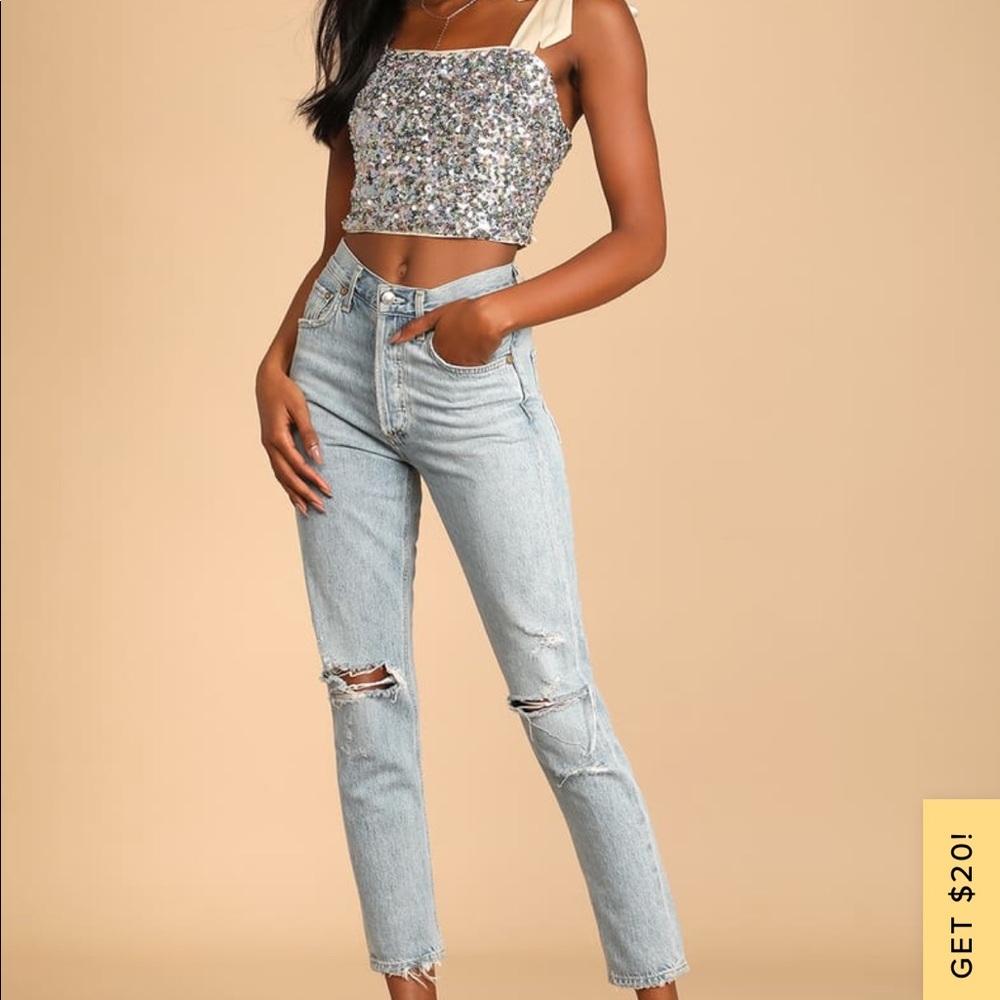 Lulus Dazzling Nights Cream Multi Sequin Tie-Strap Crop Top XS